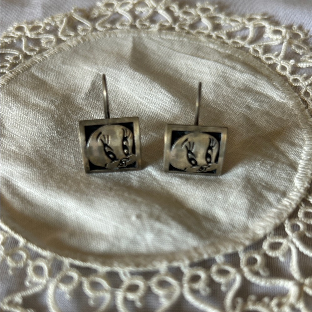 Warner Bros. Silver and Black Tweet Bird Square Drop Earrings